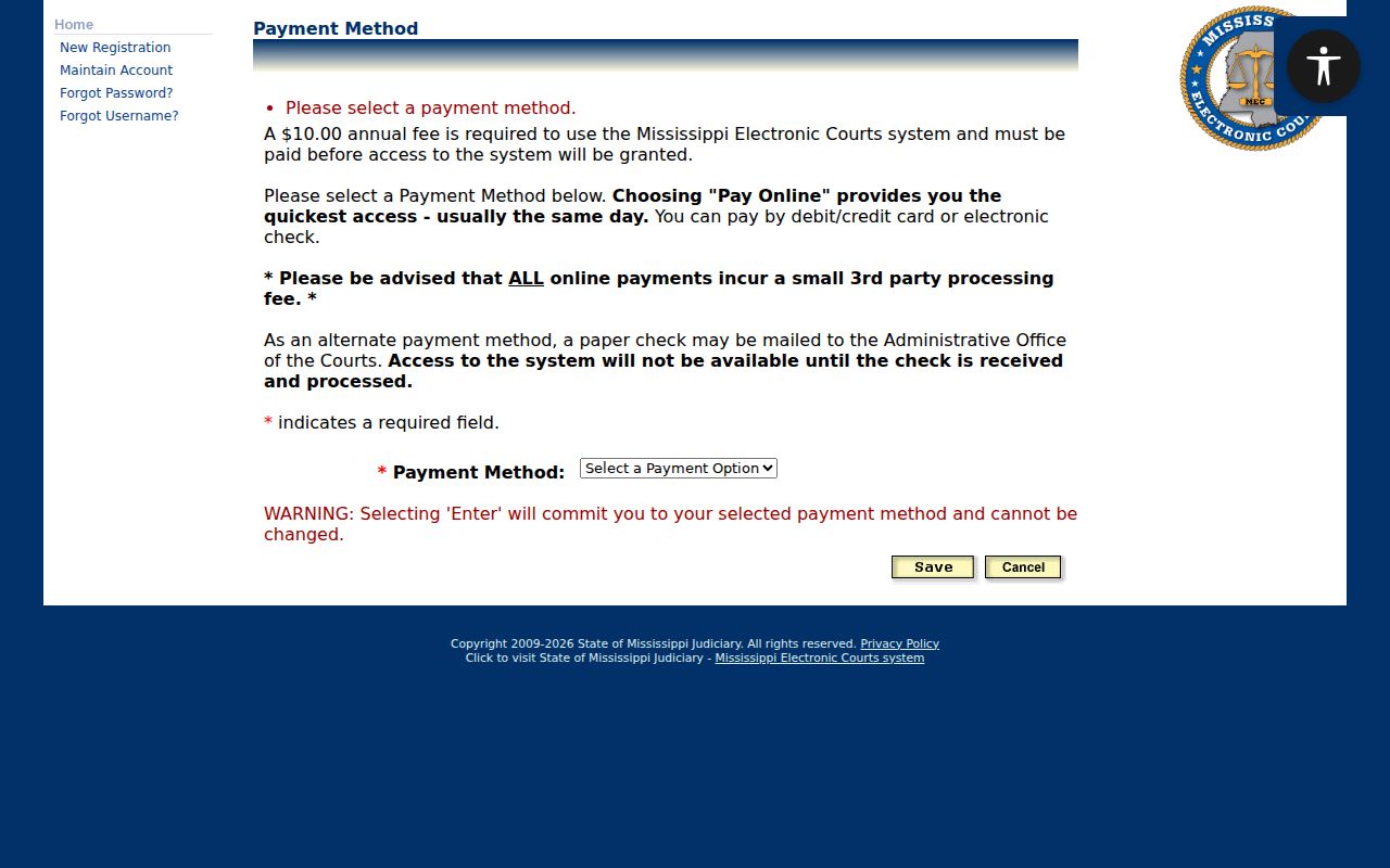 Tunica County case search PAMEC annual fee payment method screen