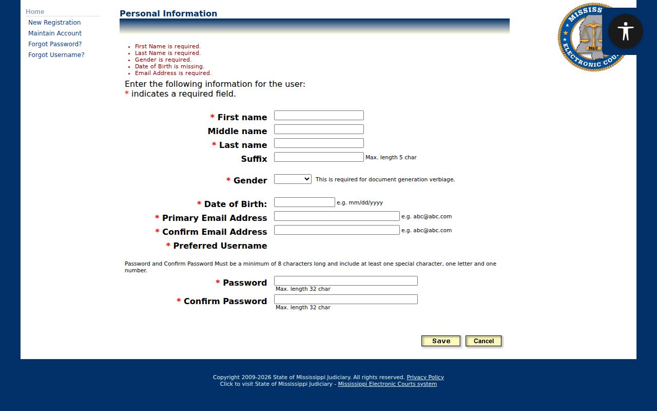 Tunica County case search PAMEC personal registration fields