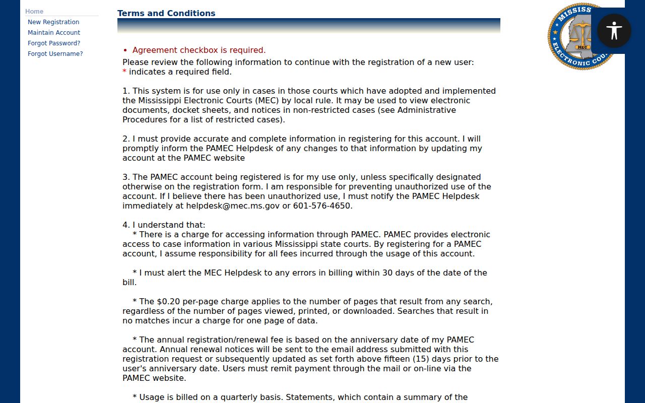 Tunica County case search PAMEC public-user terms and read-only access
