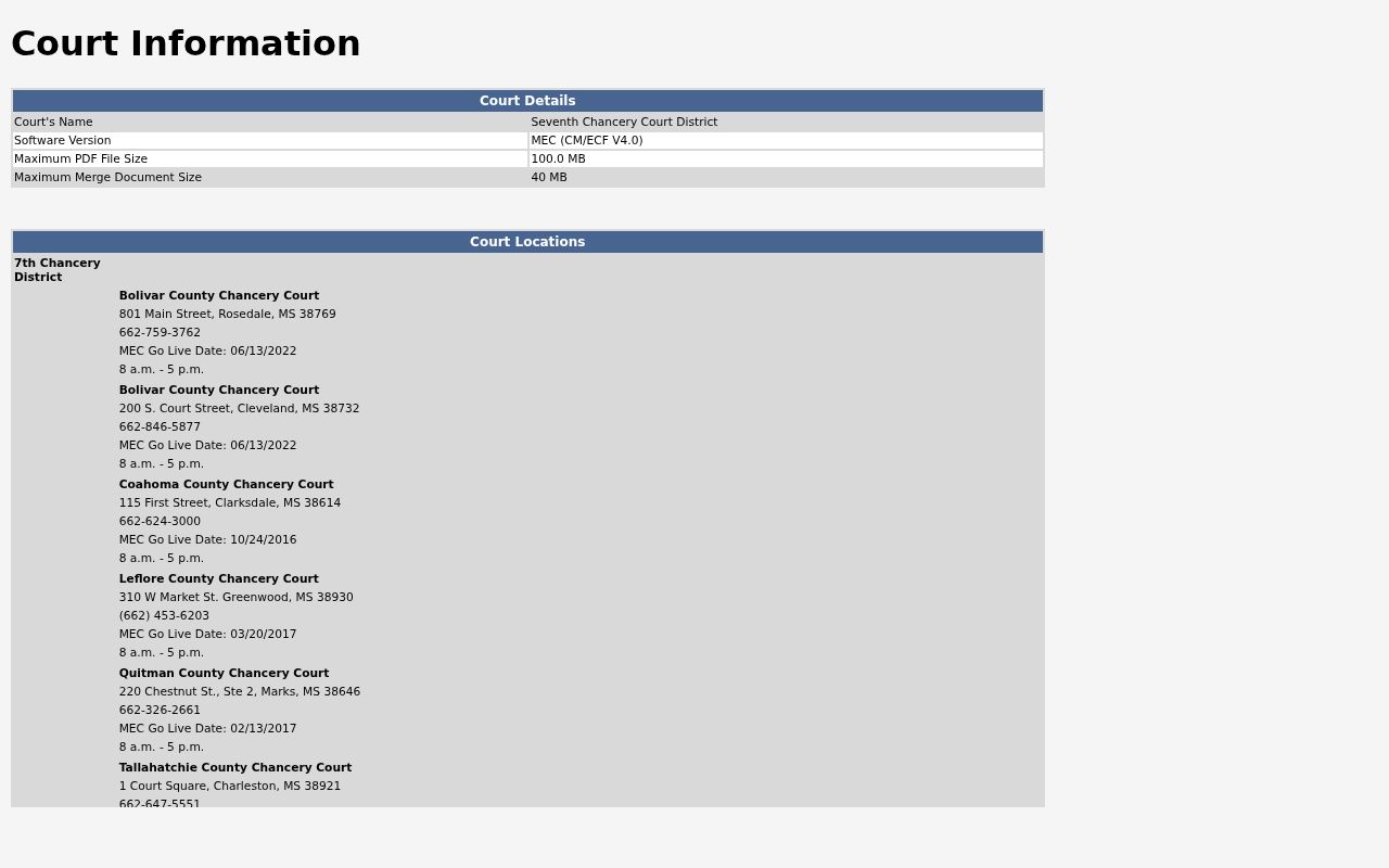 Tunica County civil docket Seventh Chancery MEC Court Information page