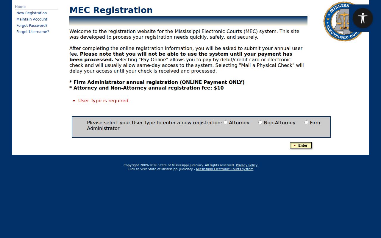 Tunica County civil docket PAMEC public registration screen