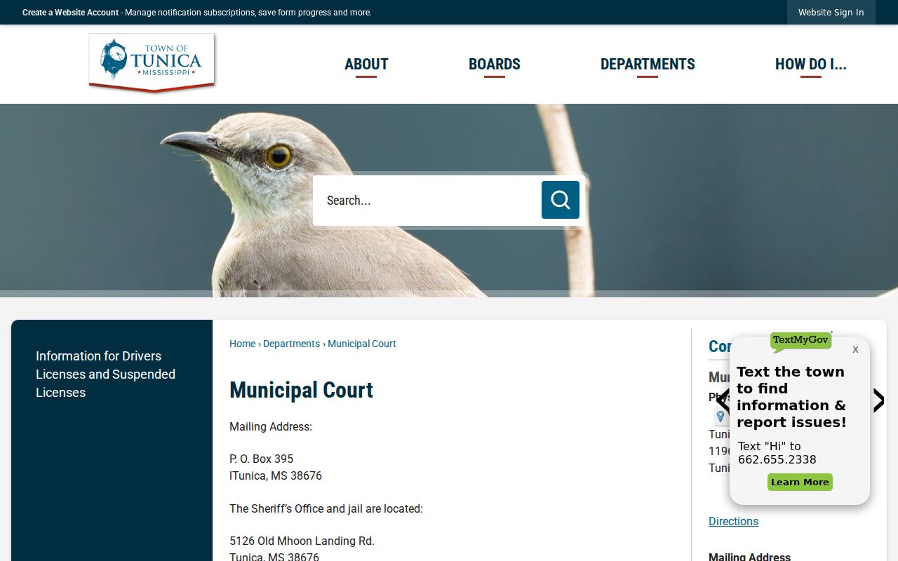 Tunica County court calendar reference for the Town of Tunica Municipal Court