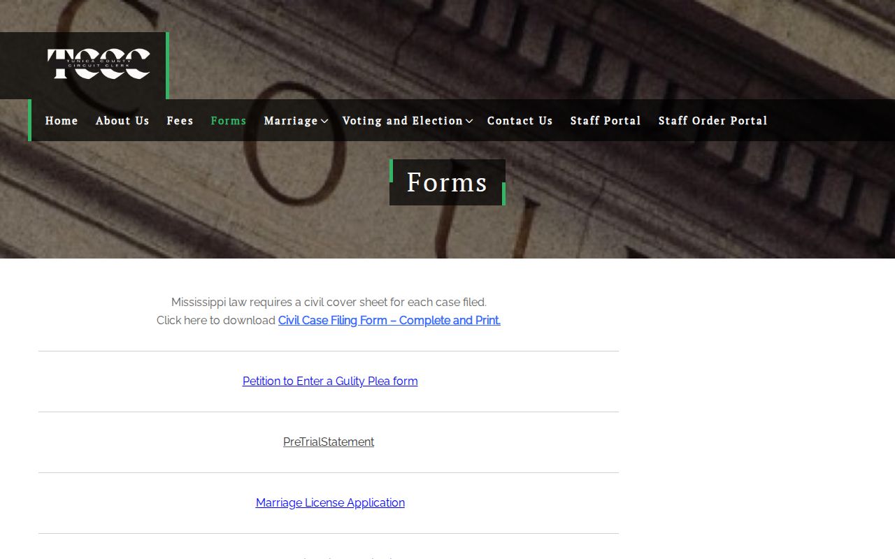 Tunica County court records Circuit Clerk forms listing