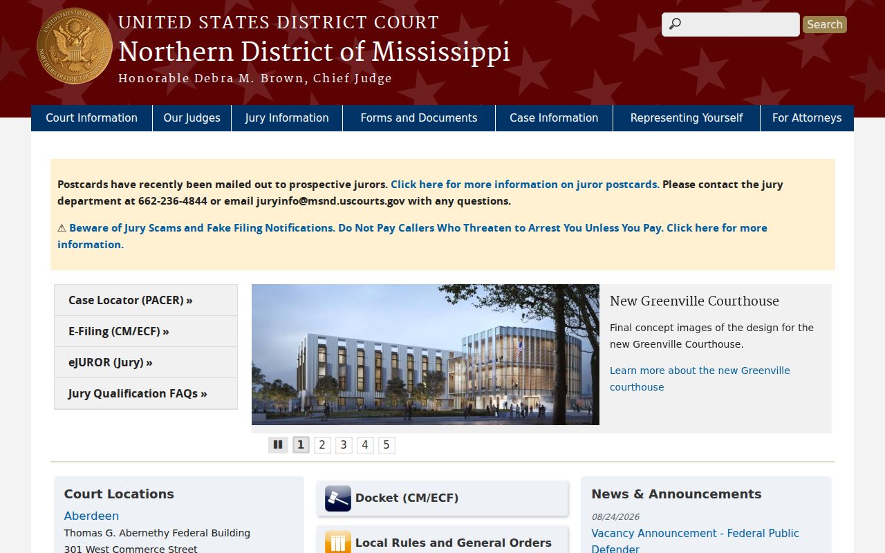 Tunica County court records Northern District of Mississippi federal court homepage