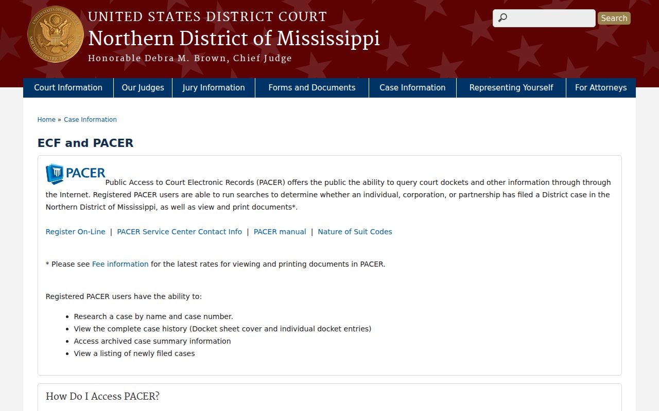 Tunica County court records federal PACER and ECF access information