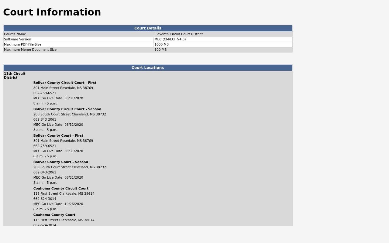 Tunica County criminal docket Eleventh Circuit MEC Court Information page