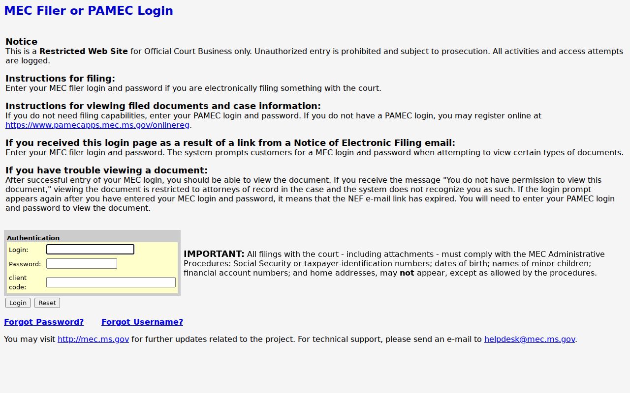 Tunica County criminal docket MEC authentication screen before case register access