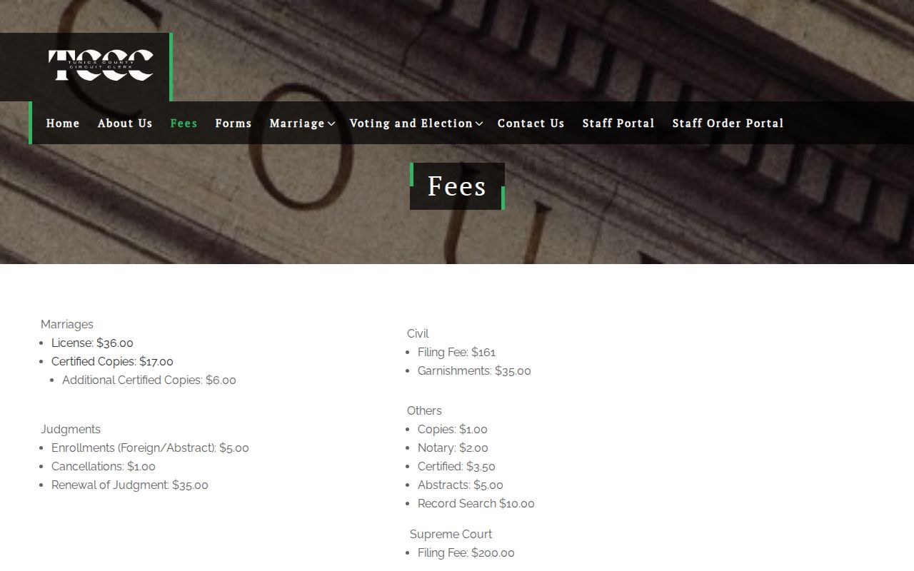 Tunica County traffic court records Circuit Clerk copy and certification fee page