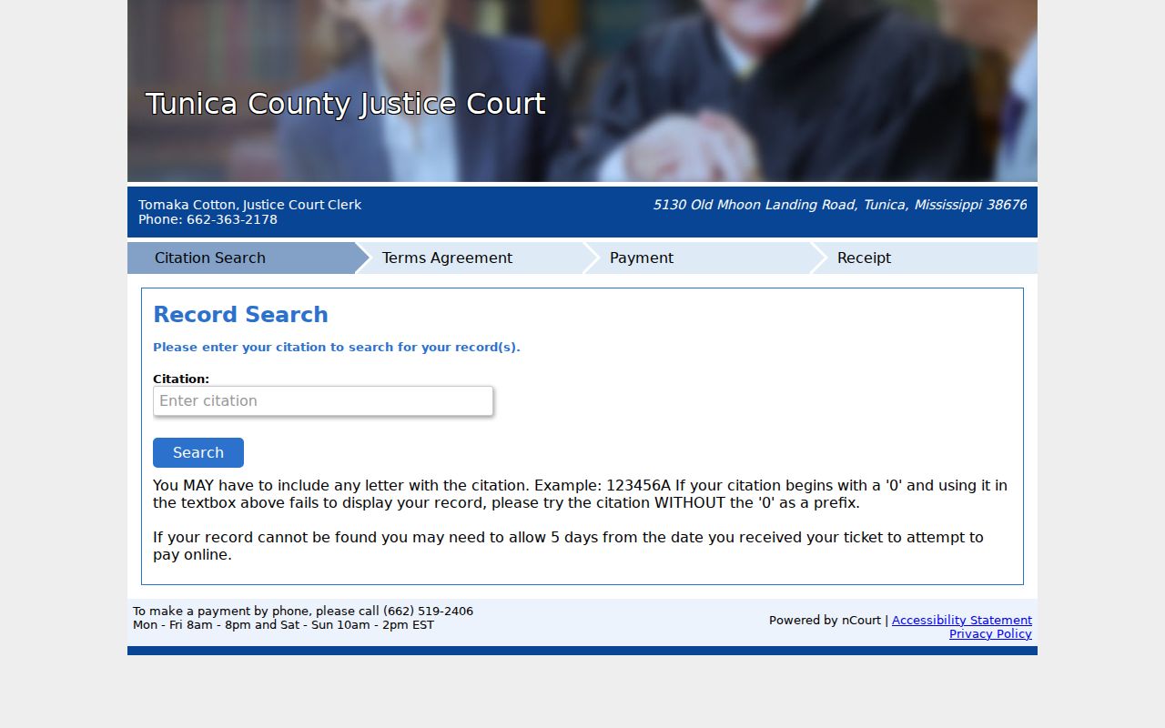 Tunica County traffic court records Justice Court citation search with leading-zero instruction